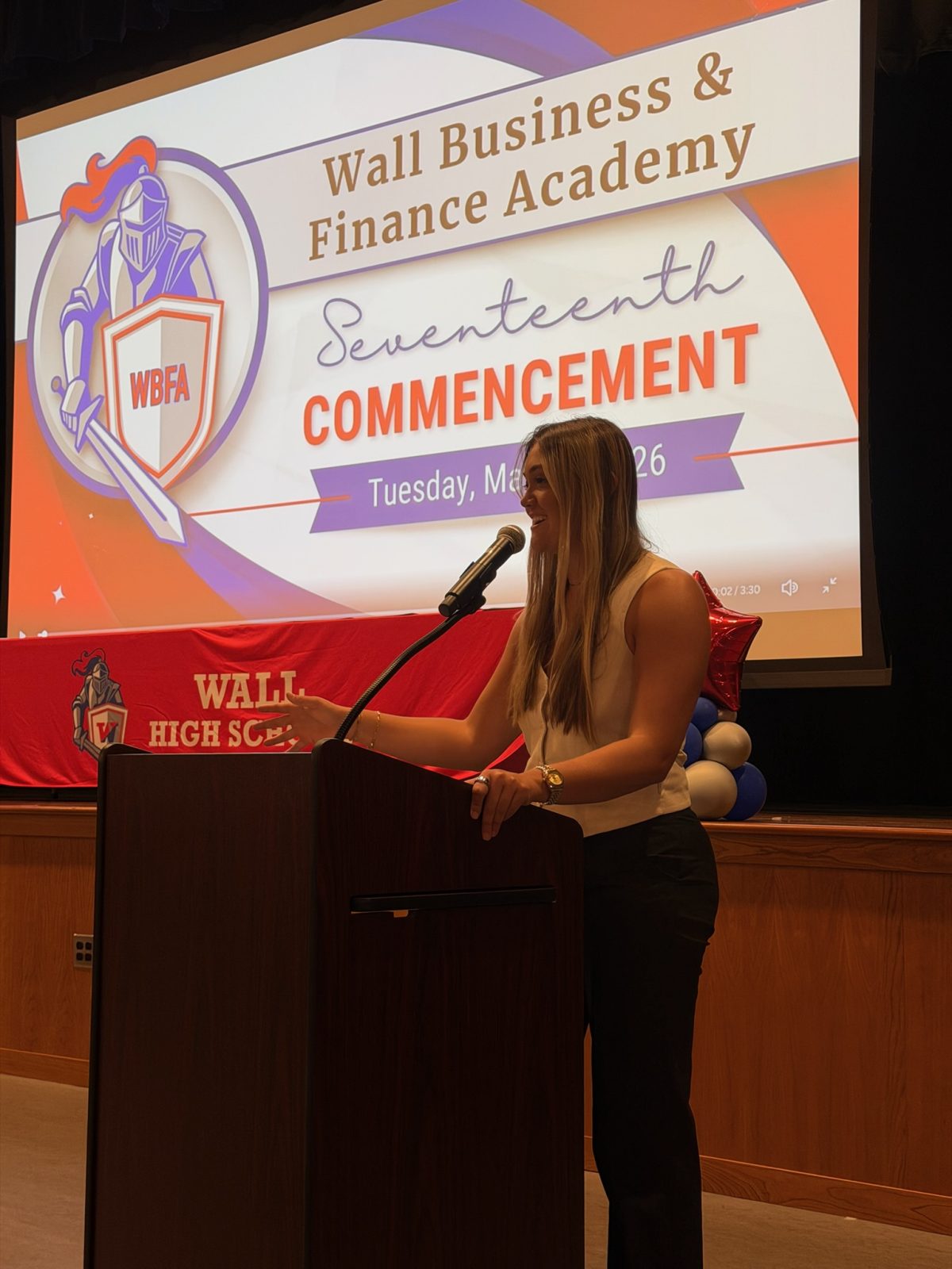 Julz Dunne at Keynote Speaker at Graduation of Wall High School Business and Finance Academy